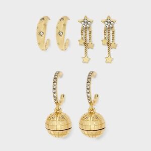 SUGARFIX by BaubleBar Party 101 New Year's Disco 3 Pair Earring Set - Gold - NWT